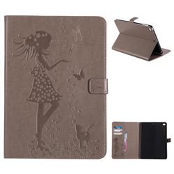 Embossing Flower Girl Cat Leather Flip Cover for iPad Air iPad5 - Gray