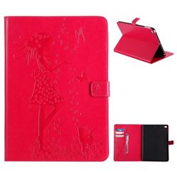 Embossing Flower Girl Cat Leather Flip Cover for iPad Air iPad5 - Red