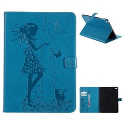 Embossing Flower Girl Cat Leather Flip Cover for iPad Air iPad5 - Blue