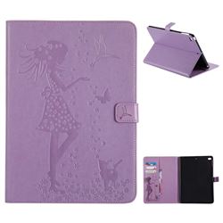 Embossing Flower Girl Cat Leather Flip Cover for iPad Air iPad5 - Purple
