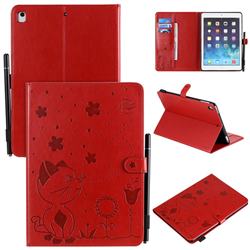 Embossing Bee and Cat Leather Flip Cover for iPad Air iPad5 - Red