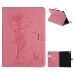 Embossing Flower Girl Cat Leather Flip Cover for iPad Air 2 iPad6 - Pink