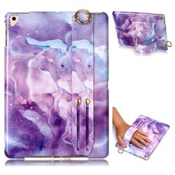 Dream Purple Marble Clear Bumper Glossy Rubber Silicone Wrist Band Tablet Stand Holder Cover for Apple iPad 9.7 (2018)