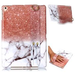 Glittering Rose Gold Marble Clear Bumper Glossy Rubber Silicone Wrist Band Tablet Stand Holder Cover for Apple iPad 9.7 (2018)