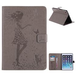 Embossing Flower Girl Cat Leather Flip Cover for iPad Mini 1 2 3 - Gray