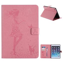 Embossing Flower Girl Cat Leather Flip Cover for iPad Mini 1 2 3 - Pink