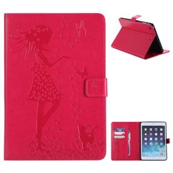 Embossing Flower Girl Cat Leather Flip Cover for iPad Mini 1 2 3 - Red