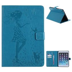 Embossing Flower Girl Cat Leather Flip Cover for iPad Mini 1 2 3 - Blue