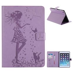 Embossing Flower Girl Cat Leather Flip Cover for iPad Mini 1 2 3 - Purple