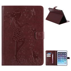Embossing Flower Girl Cat Leather Flip Cover for iPad Mini 1 2 3 - Brown