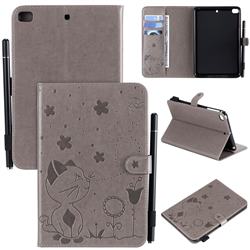 Embossing Bee and Cat Leather Flip Cover for iPad Mini 1 2 3 - Gray