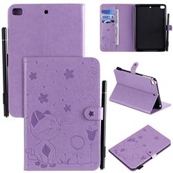 Embossing Bee and Cat Leather Flip Cover for iPad Mini 1 2 3 - Purple