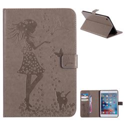 Embossing Flower Girl Cat Leather Flip Cover for iPad Mini 4 - Gray