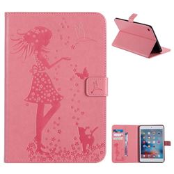 Embossing Flower Girl Cat Leather Flip Cover for iPad Mini 4 - Pink