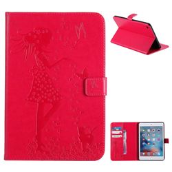 Embossing Flower Girl Cat Leather Flip Cover for iPad Mini 4 - Red