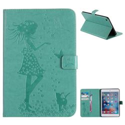 Embossing Flower Girl Cat Leather Flip Cover for iPad Mini 4 - Green