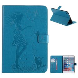 Embossing Flower Girl Cat Leather Flip Cover for iPad Mini 4 - Blue