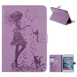 Embossing Flower Girl Cat Leather Flip Cover for iPad Mini 4 - Purple