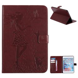 Embossing Flower Girl Cat Leather Flip Cover for iPad Mini 4 - Brown