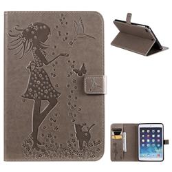 Embossing Flower Girl Cat Leather Flip Cover for iPad Mini 5 Mini5 - Gray