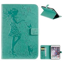 Embossing Flower Girl Cat Leather Flip Cover for iPad Mini 5 Mini5 - Green