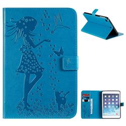 Embossing Flower Girl Cat Leather Flip Cover for iPad Mini 5 Mini5 - Blue