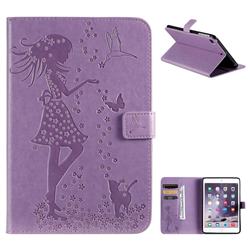 Embossing Flower Girl Cat Leather Flip Cover for iPad Mini 5 Mini5 - Purple