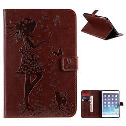 Embossing Flower Girl Cat Leather Flip Cover for iPad Mini 5 Mini5 - Brown