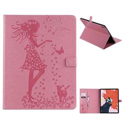 Embossing Flower Girl Cat Leather Flip Cover for Apple iPad Pro 12.9 (2018) - Pink