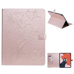 Embossing Flower Girl Cat Leather Flip Cover for Apple iPad Pro 12.9 (2018) - Rose Gold