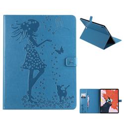 Embossing Flower Girl Cat Leather Flip Cover for Apple iPad Pro 12.9 (2018) - Blue