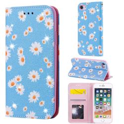 Ultra Slim Daisy Sparkle Glitter Powder Magnetic Leather Wallet Case for iPhone SE 2020 - Blue