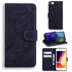 Intricate Embossing Tiger Face Leather Wallet Case for iPhone SE 2020 - Black