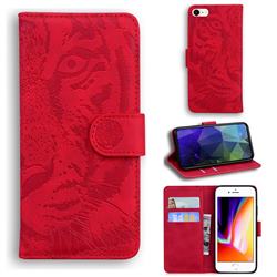 Intricate Embossing Tiger Face Leather Wallet Case for iPhone SE 2020 - Red