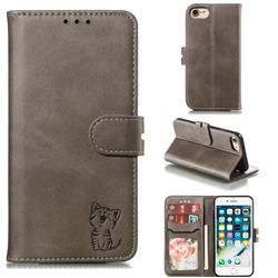 Embossing Happy Cat Leather Wallet Case for iPhone SE 2020 - Gray
