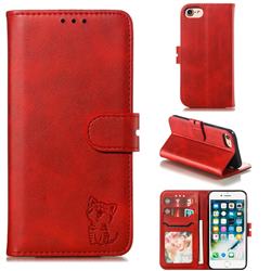 Embossing Happy Cat Leather Wallet Case for iPhone SE 2020 - Red