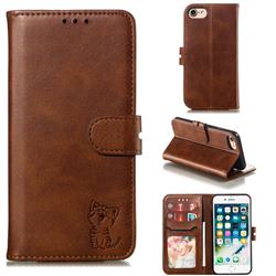 Embossing Happy Cat Leather Wallet Case for iPhone SE 2020 - Brown