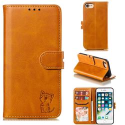 Embossing Happy Cat Leather Wallet Case for iPhone SE 2020 - Yellow
