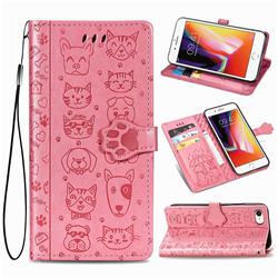 Embossing Dog Paw Kitten and Puppy Leather Wallet Case for iPhone SE 2020 - Pink