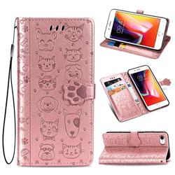 Embossing Dog Paw Kitten and Puppy Leather Wallet Case for iPhone SE 2020 - Rose Gold