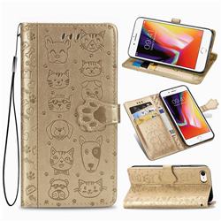 Embossing Dog Paw Kitten and Puppy Leather Wallet Case for iPhone SE 2020 - Champagne Gold