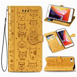 Embossing Dog Paw Kitten and Puppy Leather Wallet Case for iPhone SE 2020 - Yellow