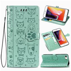 Embossing Dog Paw Kitten and Puppy Leather Wallet Case for iPhone SE 2020 - Green