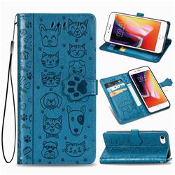 Embossing Dog Paw Kitten and Puppy Leather Wallet Case for iPhone SE 2020 - Blue