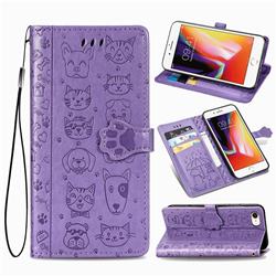 Embossing Dog Paw Kitten and Puppy Leather Wallet Case for iPhone SE 2020 - Purple