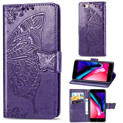 Embossing Mandala Flower Butterfly Leather Wallet Case for iPhone SE 2020 - Dark Purple