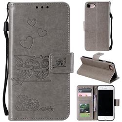 Embossing Owl Couple Flower Leather Wallet Case for iPhone SE 2020 - Gray