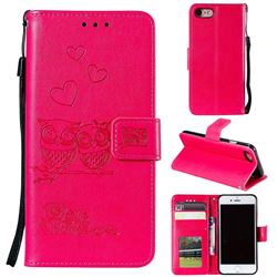 Embossing Owl Couple Flower Leather Wallet Case for iPhone SE 2020 - Red