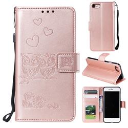 Embossing Owl Couple Flower Leather Wallet Case for iPhone SE 2020 - Rose Gold