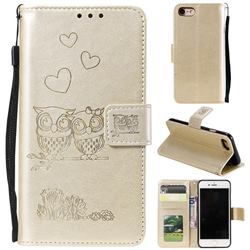 Embossing Owl Couple Flower Leather Wallet Case for iPhone SE 2020 - Golden